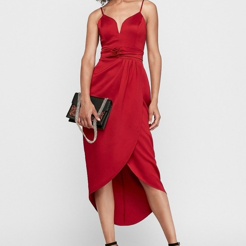 Express Red Asymmetrical Satin Formal Dress